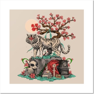 white tiger on top of a skull behind it a beautiful sakura tree and a black tomb Posters and Art